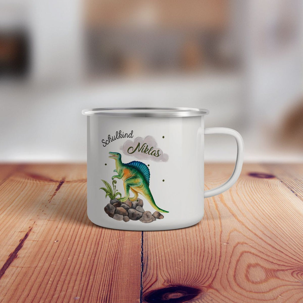 Emaille Tasse Schulkind Spinosaurus Dinosaurier mit Wunschname - von Mikalino