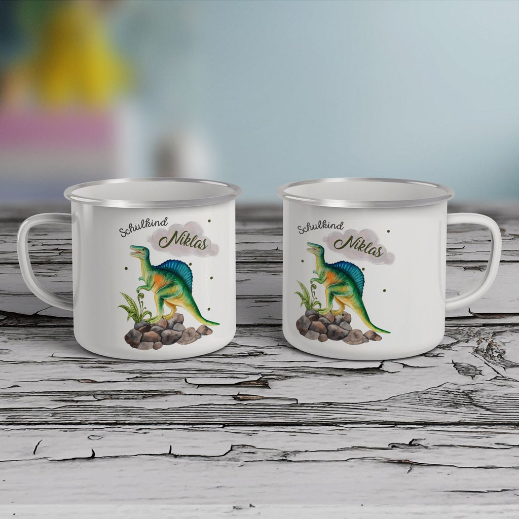 Emaille Tasse Schulkind Spinosaurus Dinosaurier mit Wunschname - von Mikalino