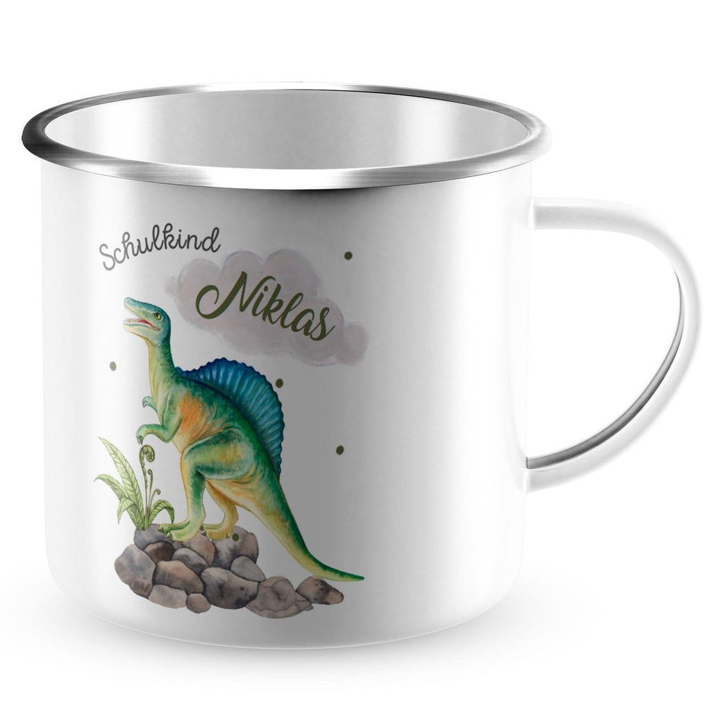 Emaille Tasse Schulkind Spinosaurus Dinosaurier mit Wunschname - von Mikalino