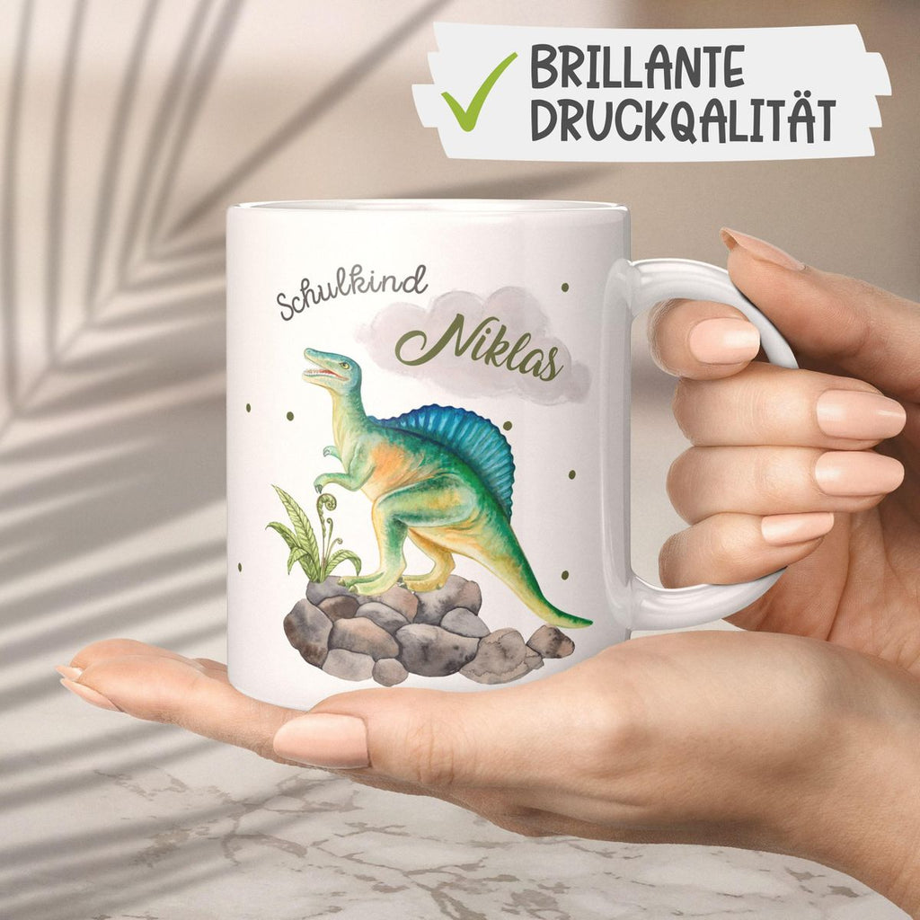 Keramik Tasse Schulkind Spinosaurus Dinosaurier mit Wunschname - von Mikalino