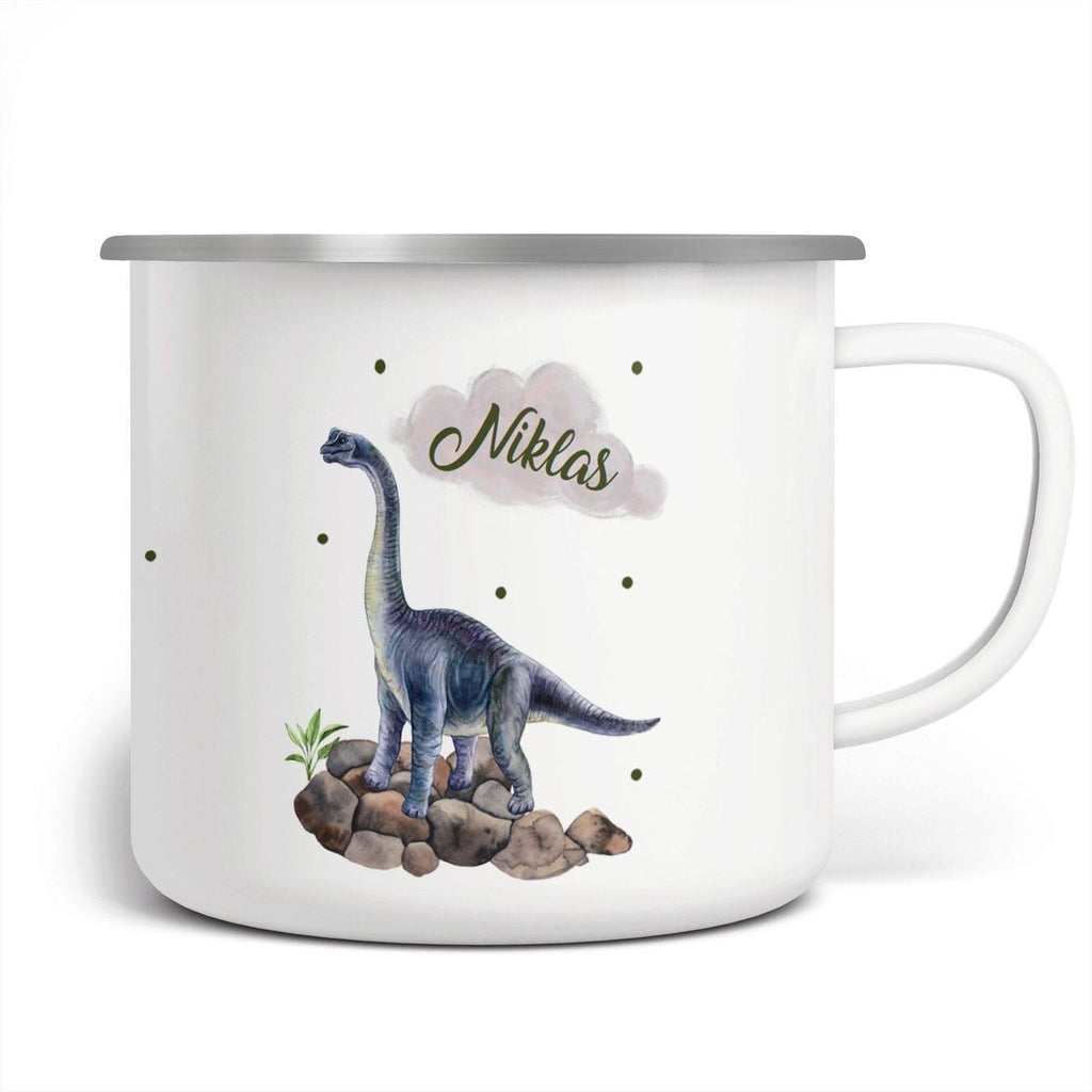 Emaille Tasse Brachiosaurus grau Dinosaurier mit Wunschname - von Mikalino