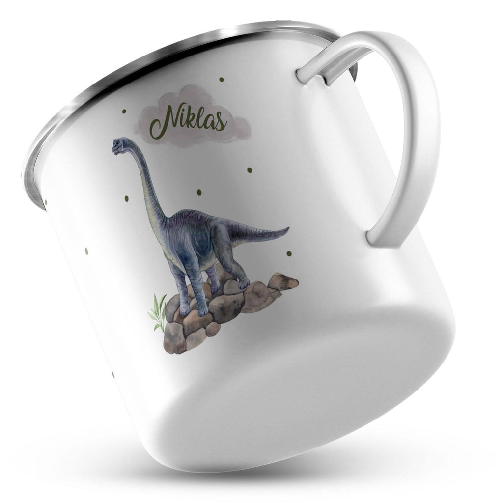 Emaille Tasse Brachiosaurus grau Dinosaurier mit Wunschname - von Mikalino