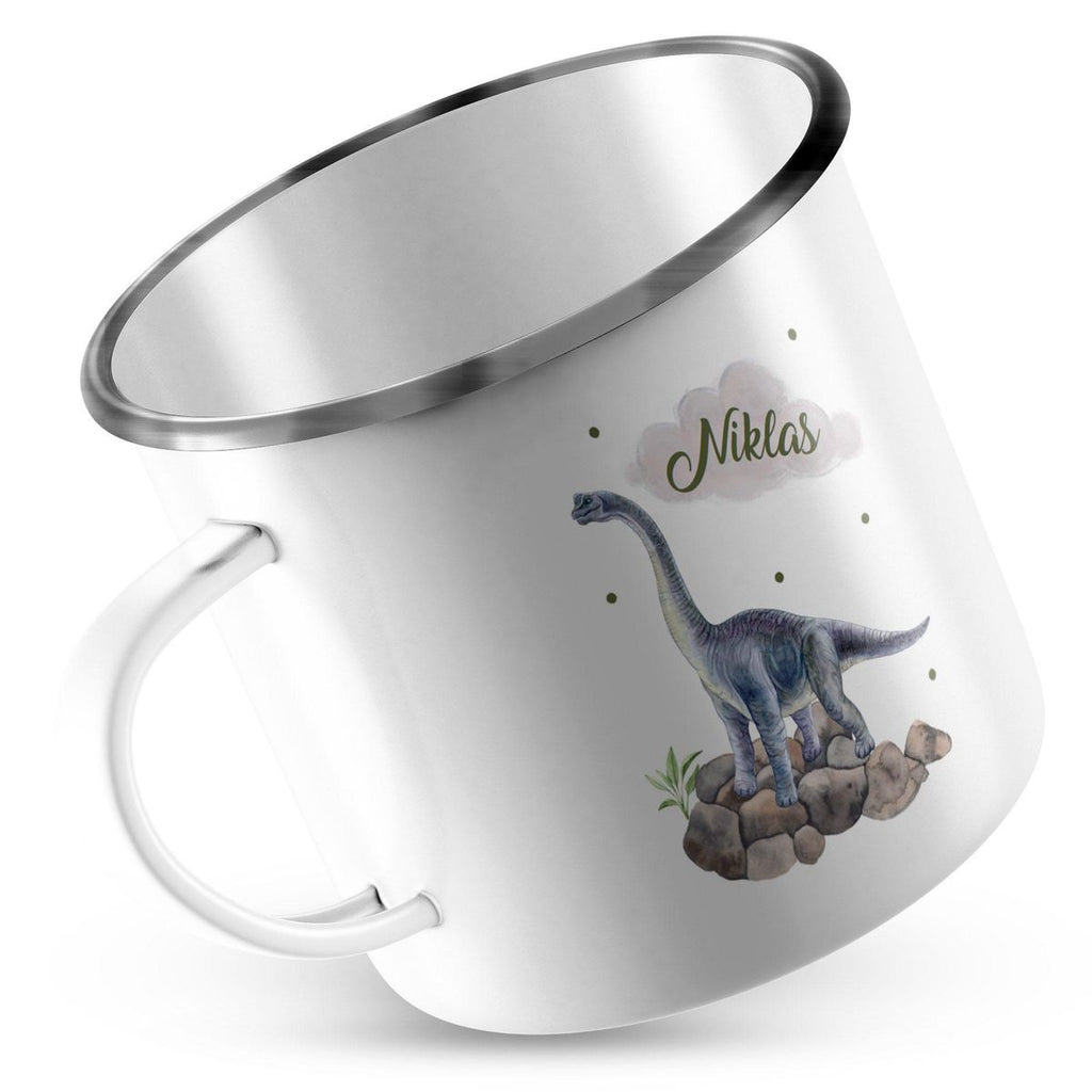 Emaille Tasse Brachiosaurus grau Dinosaurier mit Wunschname - von Mikalino