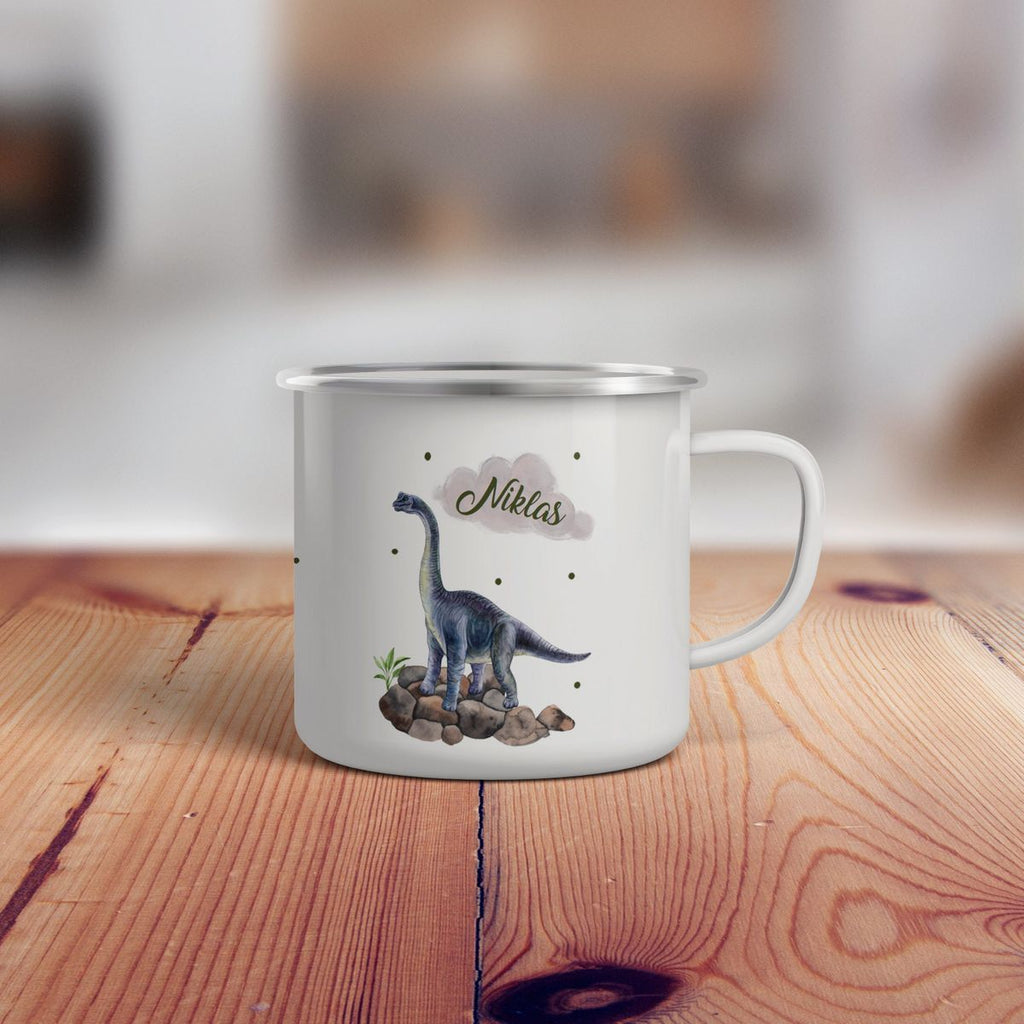 Emaille Tasse Brachiosaurus grau Dinosaurier mit Wunschname - von Mikalino