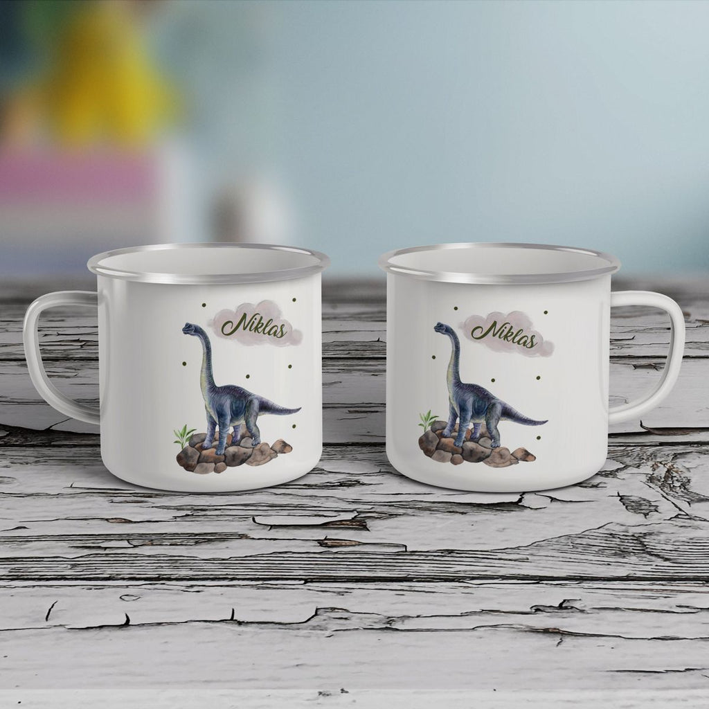 Emaille Tasse Brachiosaurus grau Dinosaurier mit Wunschname - von Mikalino