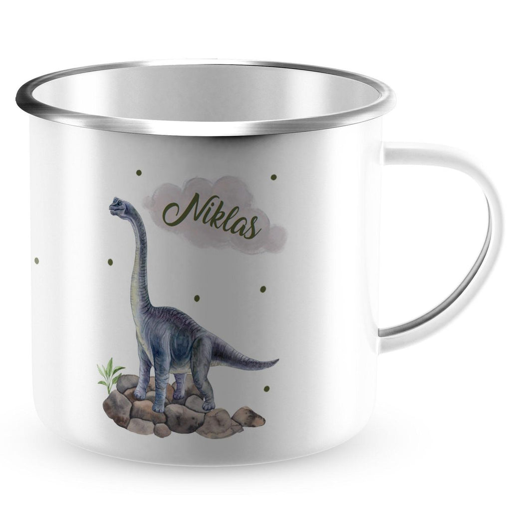 Emaille Tasse Brachiosaurus grau Dinosaurier mit Wunschname - von Mikalino