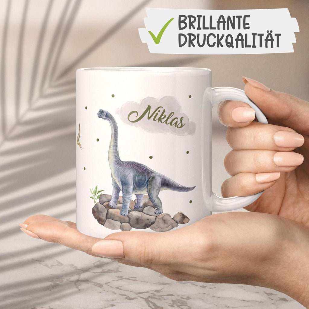 Keramik Tasse Brachiosaurus grau Dinosaurier mit Wunschname - von Mikalino