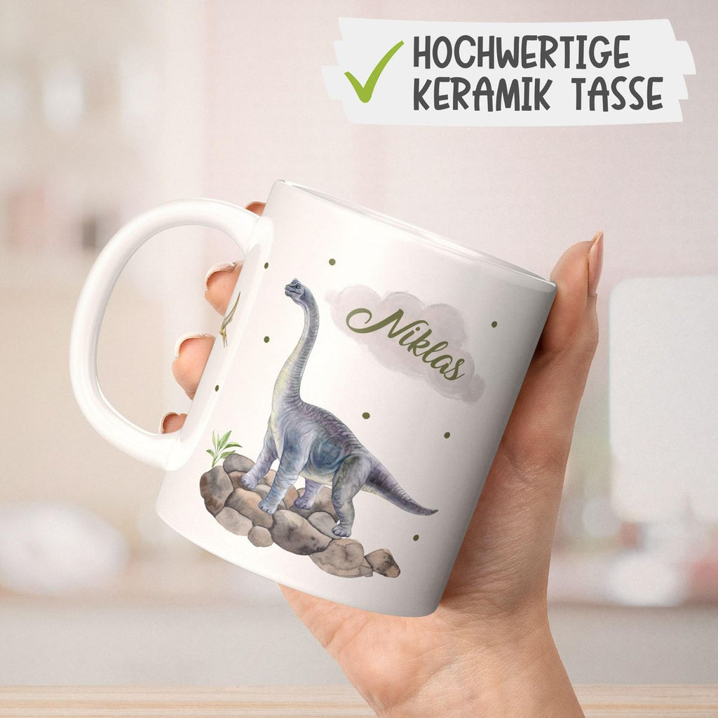 Keramik Tasse Brachiosaurus grau Dinosaurier mit Wunschname - von Mikalino