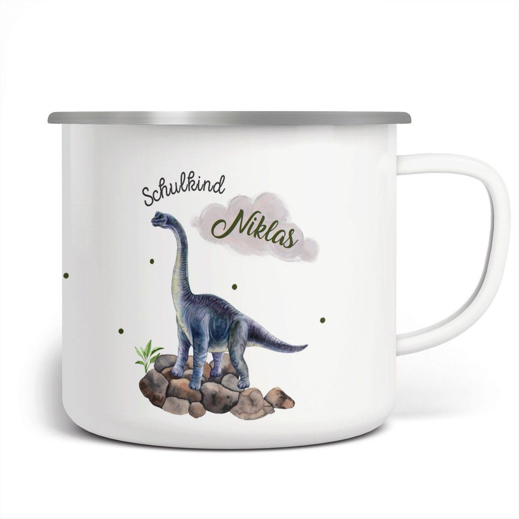 Emaille Tasse Schulkind Brachiosaurus grau Dinosaurier mit Wunschname - von Mikalino