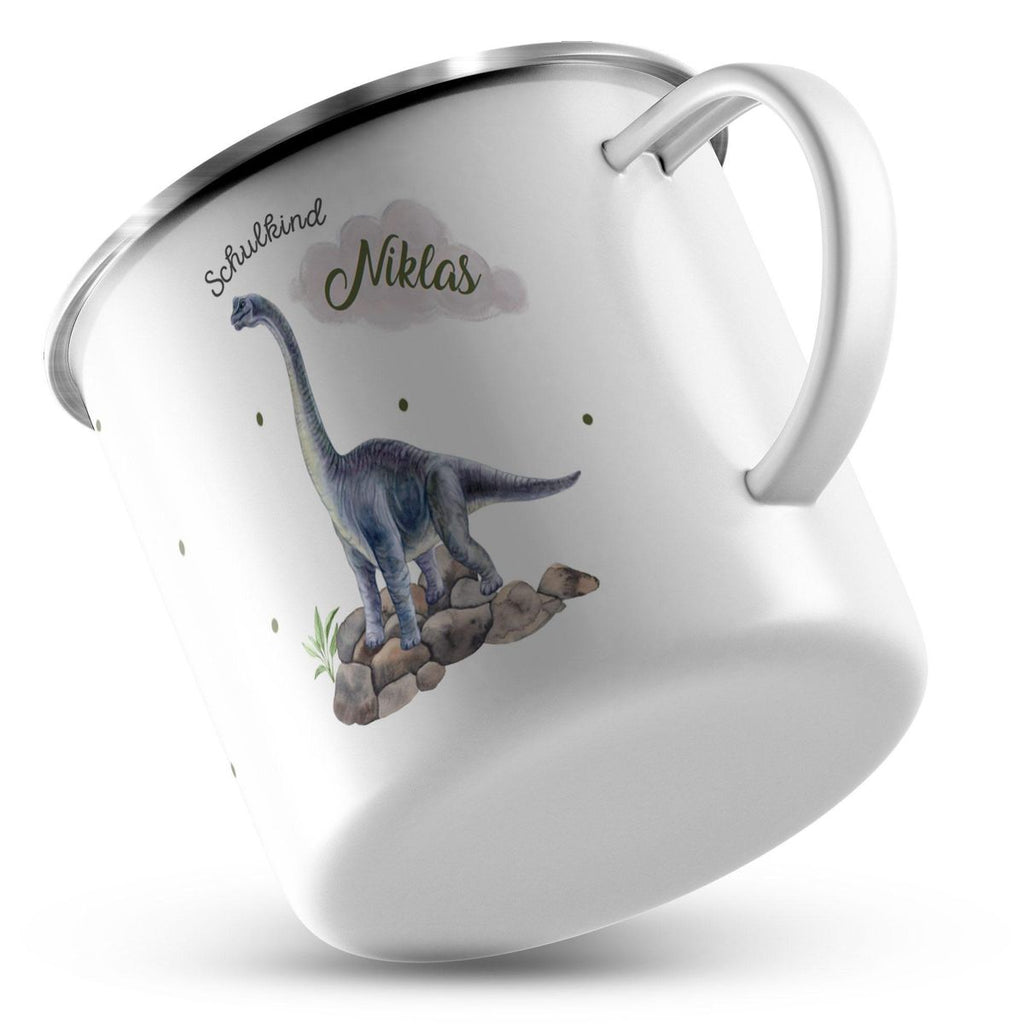 Emaille Tasse Schulkind Brachiosaurus grau Dinosaurier mit Wunschname - von Mikalino