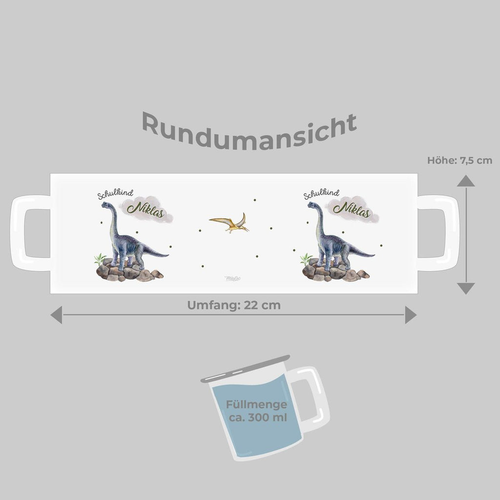 Emaille Tasse Schulkind Brachiosaurus grau Dinosaurier mit Wunschname - von Mikalino