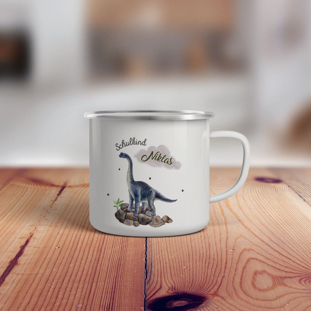 Emaille Tasse Schulkind Brachiosaurus grau Dinosaurier mit Wunschname - von Mikalino