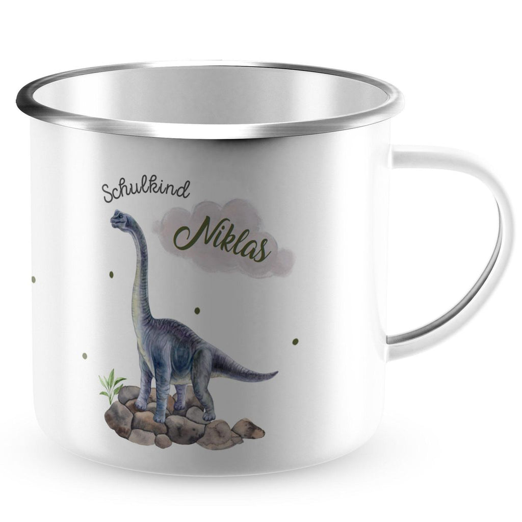 Emaille Tasse Schulkind Brachiosaurus grau Dinosaurier mit Wunschname - von Mikalino