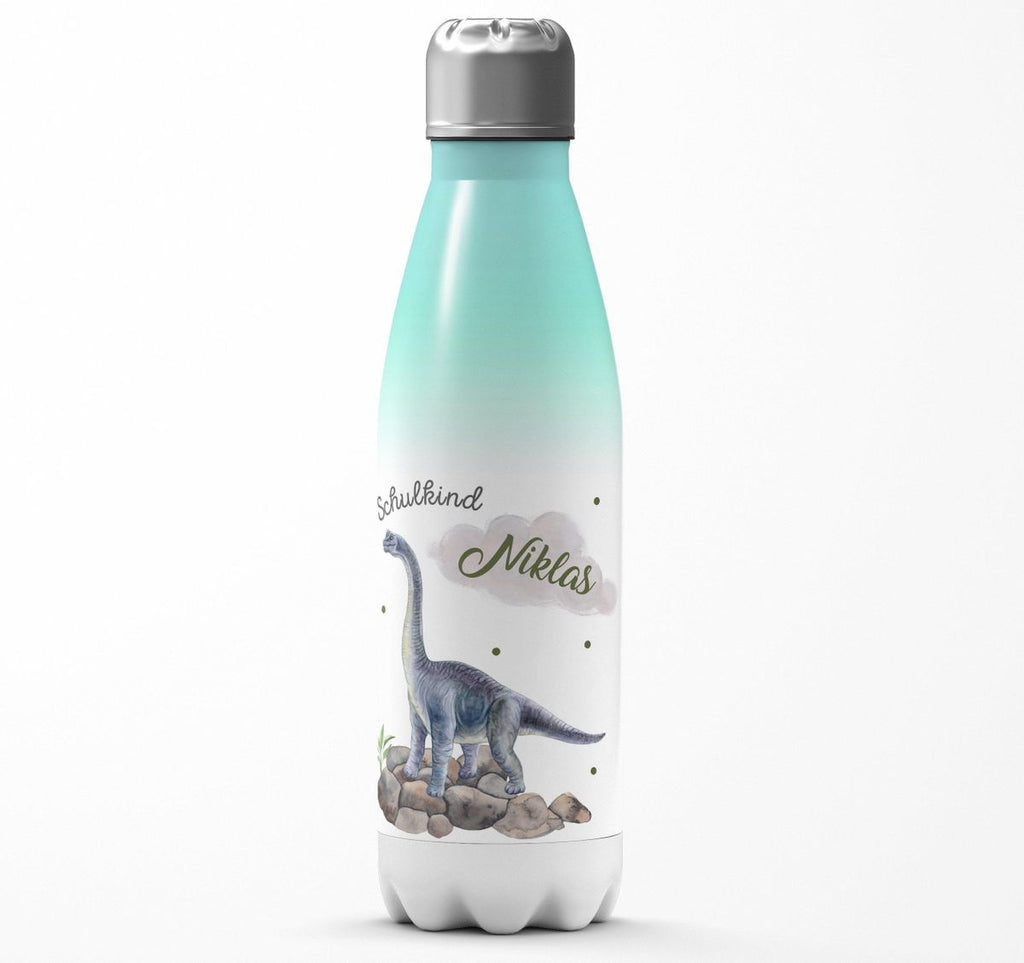 Thermo Trinkflasche Schulkind Brachiosaurus grau Dinosaurier mit Wunschname - von Mikalino