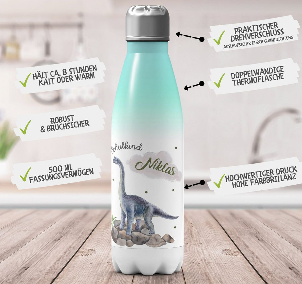 Thermo Trinkflasche Schulkind Brachiosaurus grau Dinosaurier mit Wunschname - von Mikalino