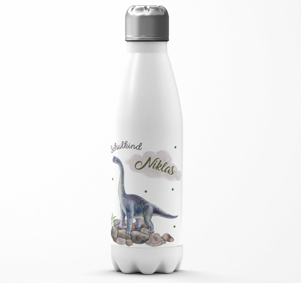 Thermo Trinkflasche Schulkind Brachiosaurus grau Dinosaurier mit Wunschname - von Mikalino