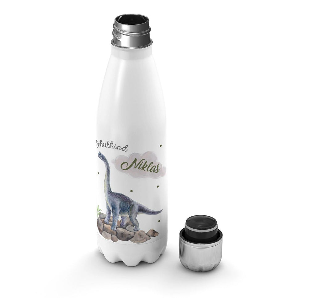 Thermo Trinkflasche Schulkind Brachiosaurus grau Dinosaurier mit Wunschname - von Mikalino