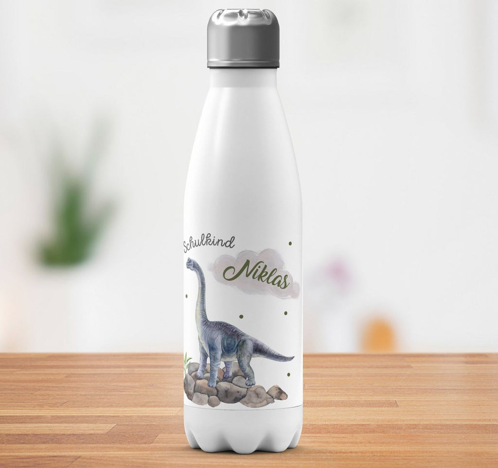 Thermo Trinkflasche Schulkind Brachiosaurus grau Dinosaurier mit Wunschname - von Mikalino