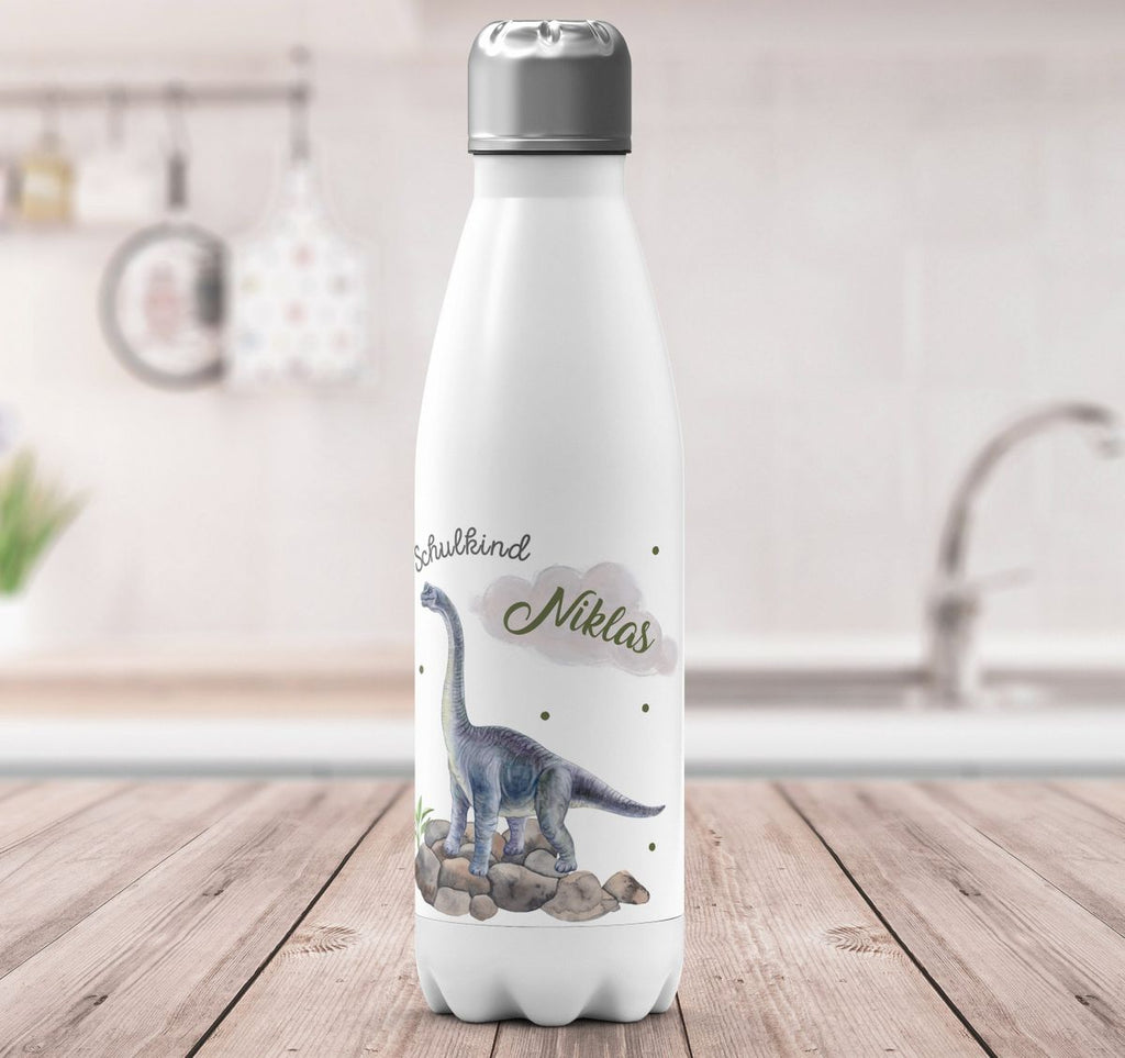 Thermo Trinkflasche Schulkind Brachiosaurus grau Dinosaurier mit Wunschname - von Mikalino