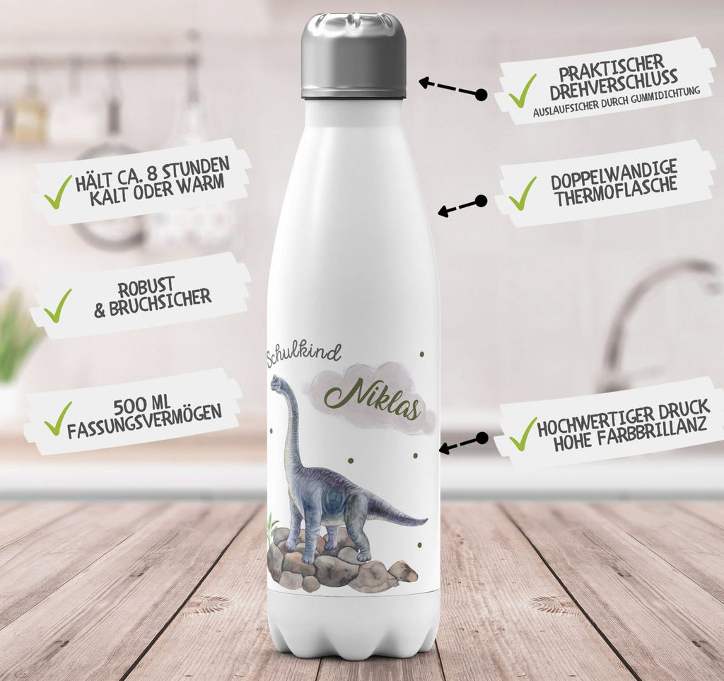 Thermo Trinkflasche Schulkind Brachiosaurus grau Dinosaurier mit Wunschname - von Mikalino