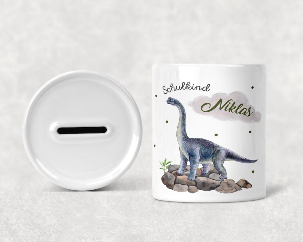 Kinder Spardose Schulkind Brachiosaurus grau Dinosaurier mit Wunschname - von Mikalino