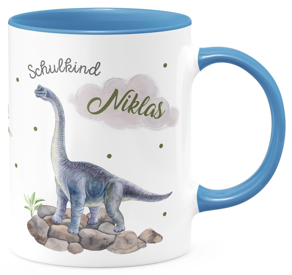 Keramik Tasse Schulkind Brachiosaurus grau Dinosaurier mit Wunschname - von Mikalino