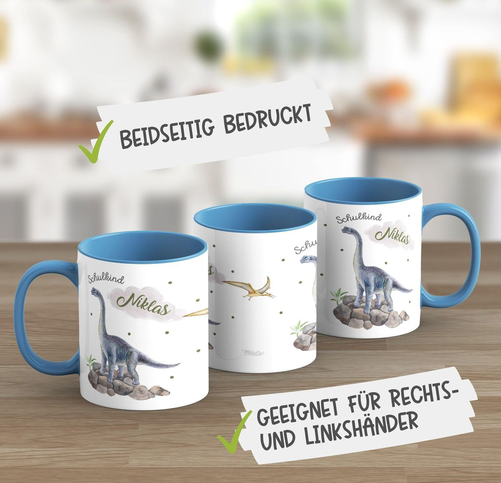 Keramik Tasse Schulkind Brachiosaurus grau Dinosaurier mit Wunschname - von Mikalino