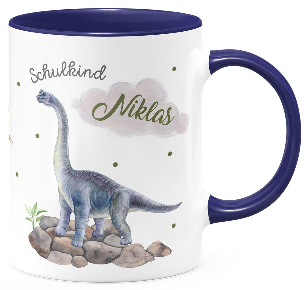 Keramik Tasse Schulkind Brachiosaurus grau Dinosaurier mit Wunschname - von Mikalino