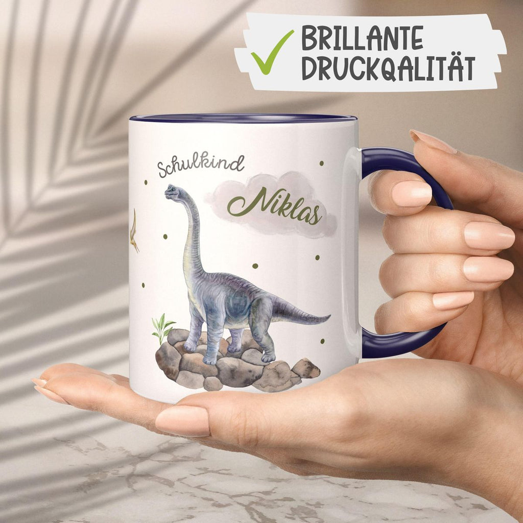 Keramik Tasse Schulkind Brachiosaurus grau Dinosaurier mit Wunschname - von Mikalino