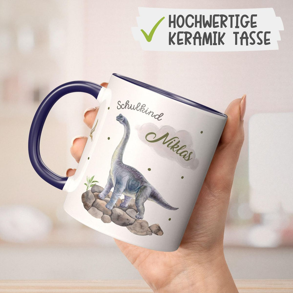 Keramik Tasse Schulkind Brachiosaurus grau Dinosaurier mit Wunschname - von Mikalino