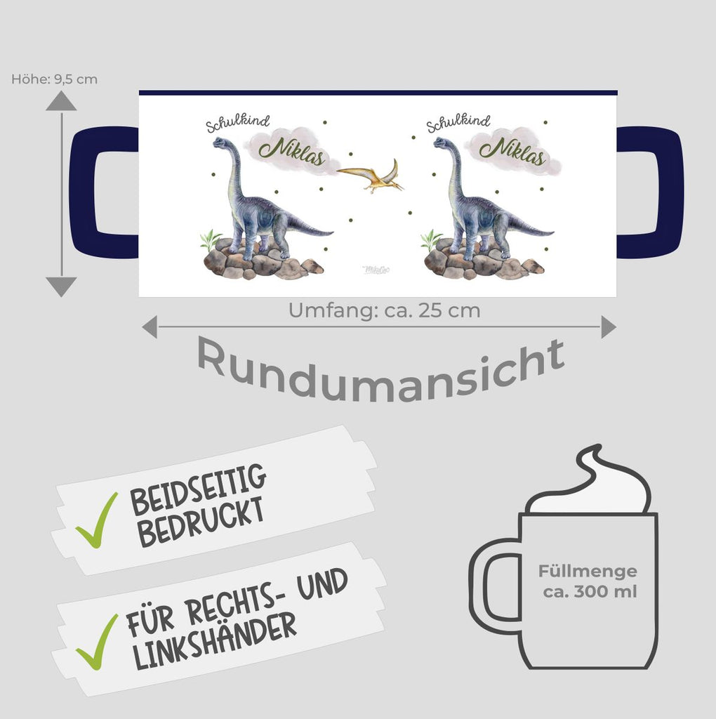 Keramik Tasse Schulkind Brachiosaurus grau Dinosaurier mit Wunschname - von Mikalino