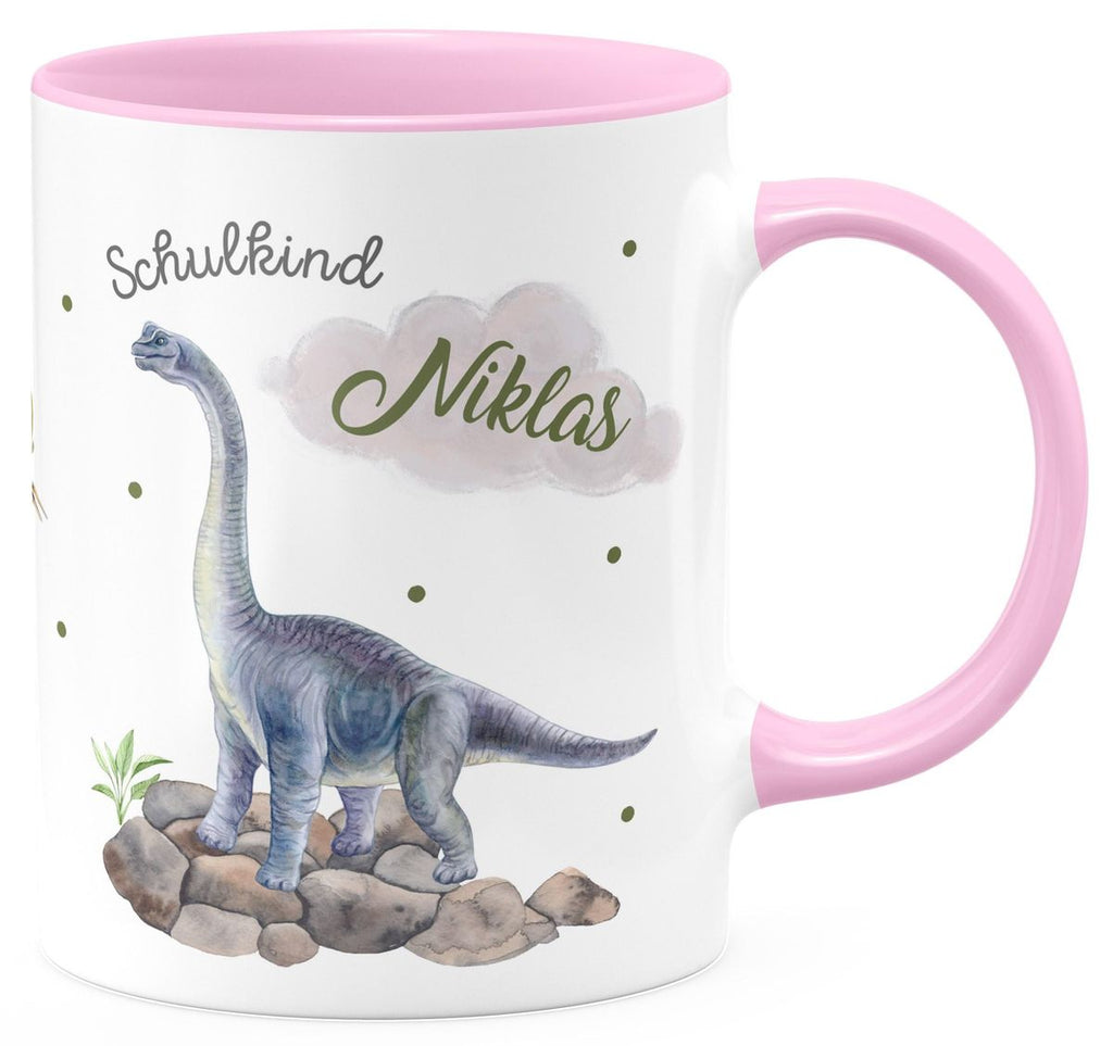 Keramik Tasse Schulkind Brachiosaurus grau Dinosaurier mit Wunschname - von Mikalino