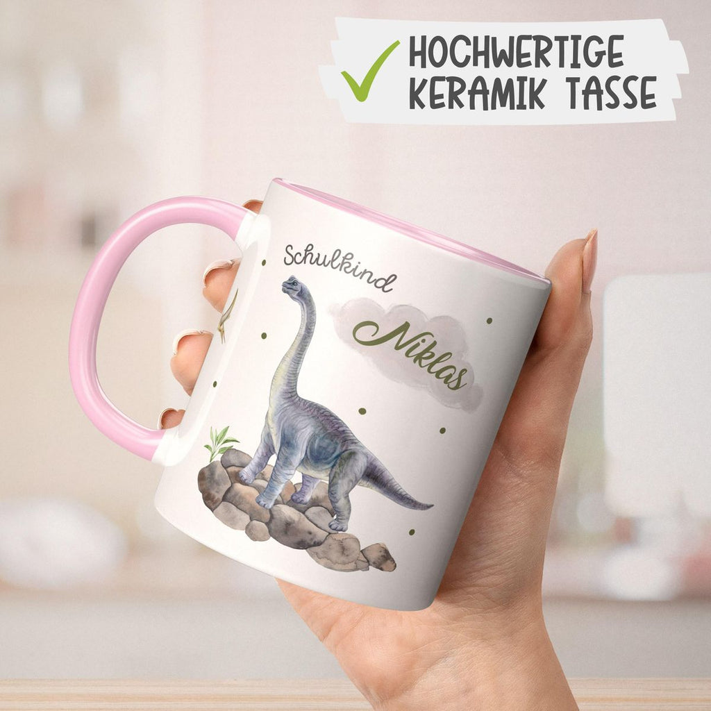 Keramik Tasse Schulkind Brachiosaurus grau Dinosaurier mit Wunschname - von Mikalino