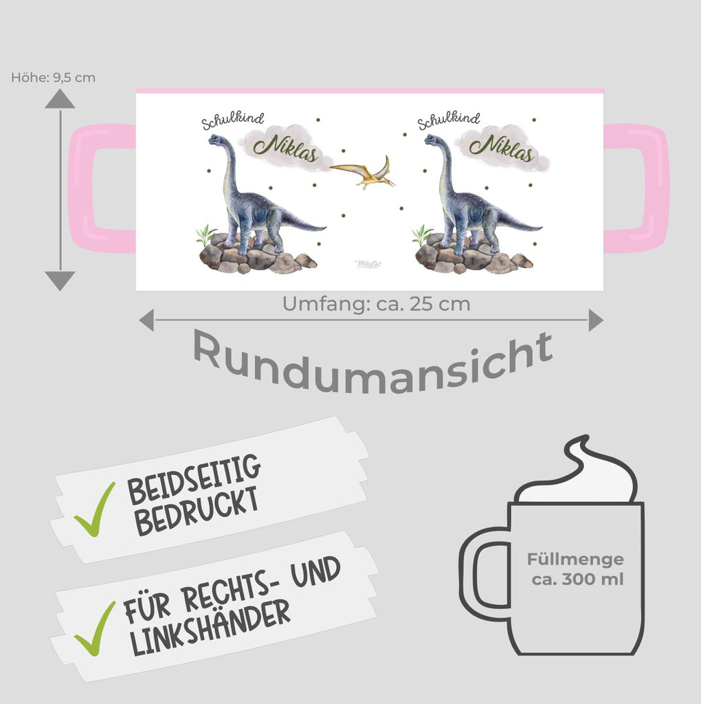 Keramik Tasse Schulkind Brachiosaurus grau Dinosaurier mit Wunschname - von Mikalino