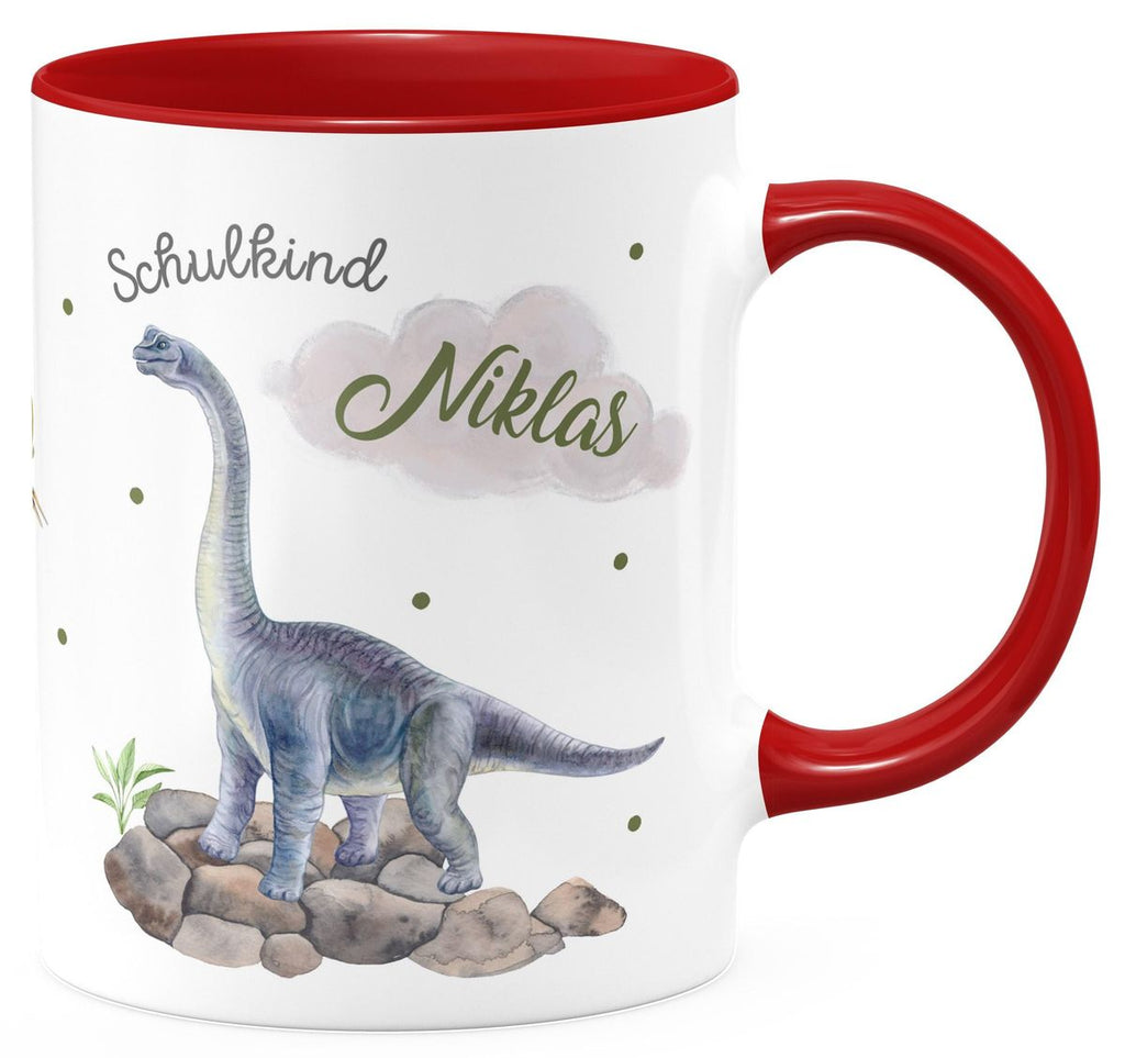 Keramik Tasse Schulkind Brachiosaurus grau Dinosaurier mit Wunschname - von Mikalino