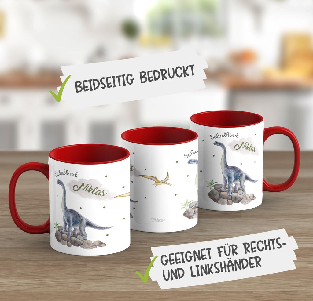 Keramik Tasse Schulkind Brachiosaurus grau Dinosaurier mit Wunschname - von Mikalino