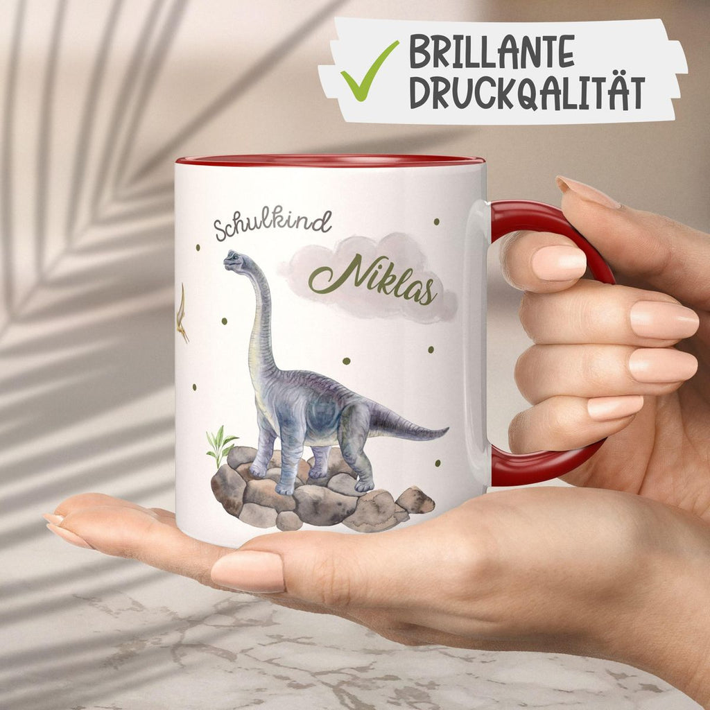 Keramik Tasse Schulkind Brachiosaurus grau Dinosaurier mit Wunschname - von Mikalino