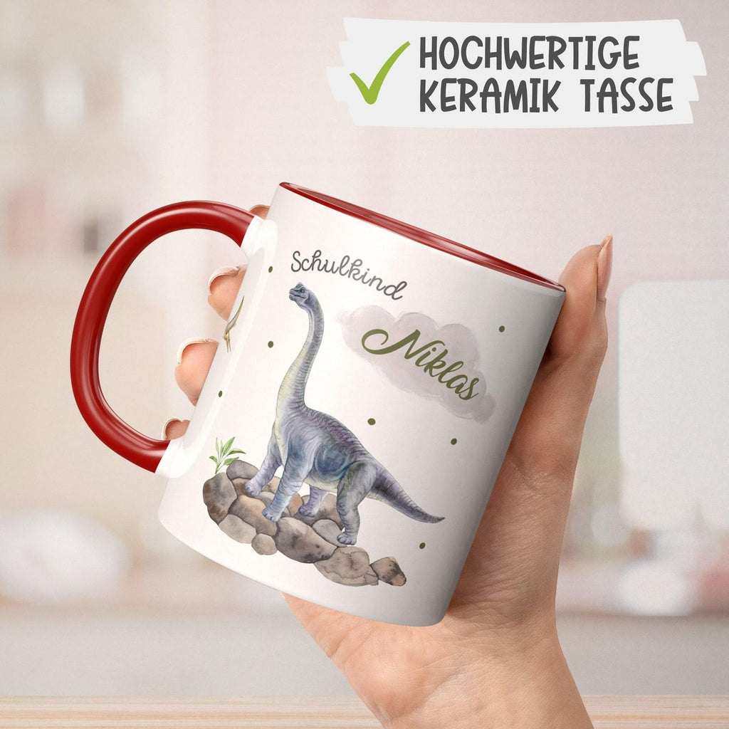 Keramik Tasse Schulkind Brachiosaurus grau Dinosaurier mit Wunschname - von Mikalino