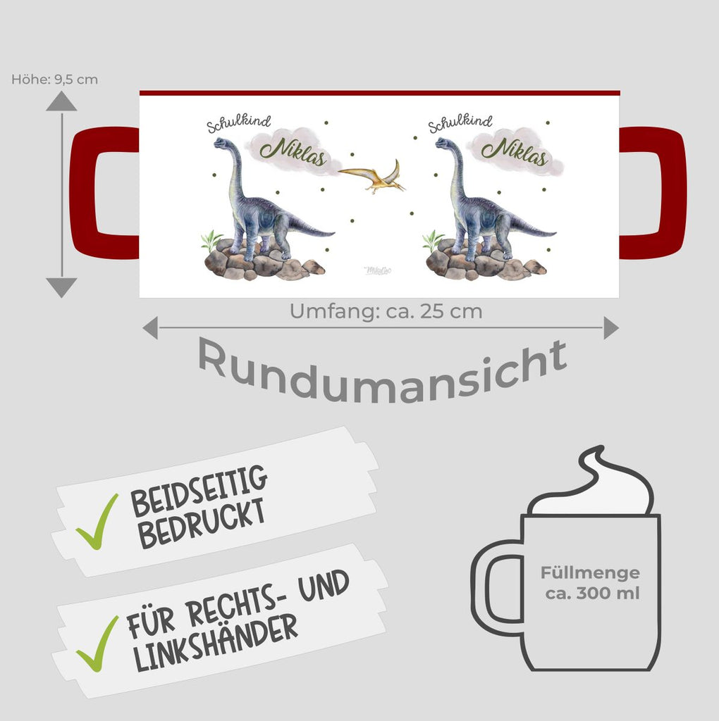 Keramik Tasse Schulkind Brachiosaurus grau Dinosaurier mit Wunschname - von Mikalino