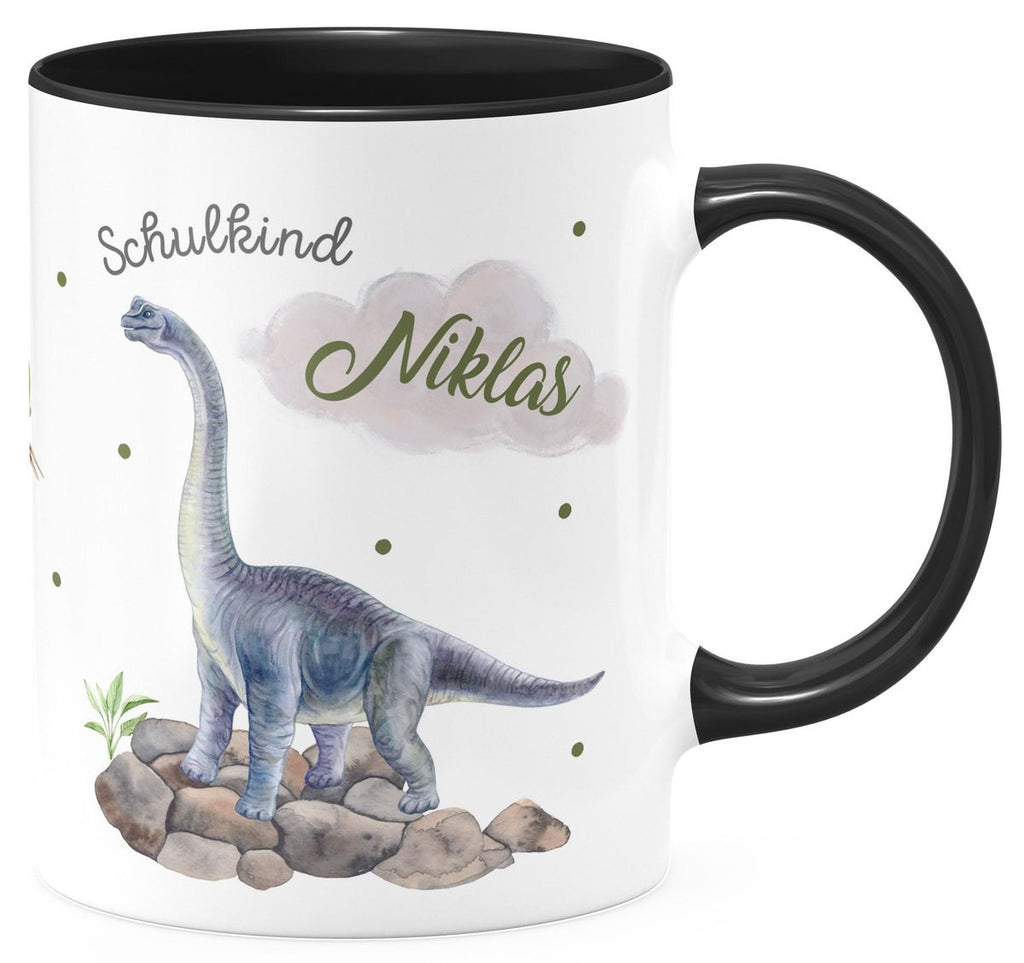 Keramik Tasse Schulkind Brachiosaurus grau Dinosaurier mit Wunschname - von Mikalino