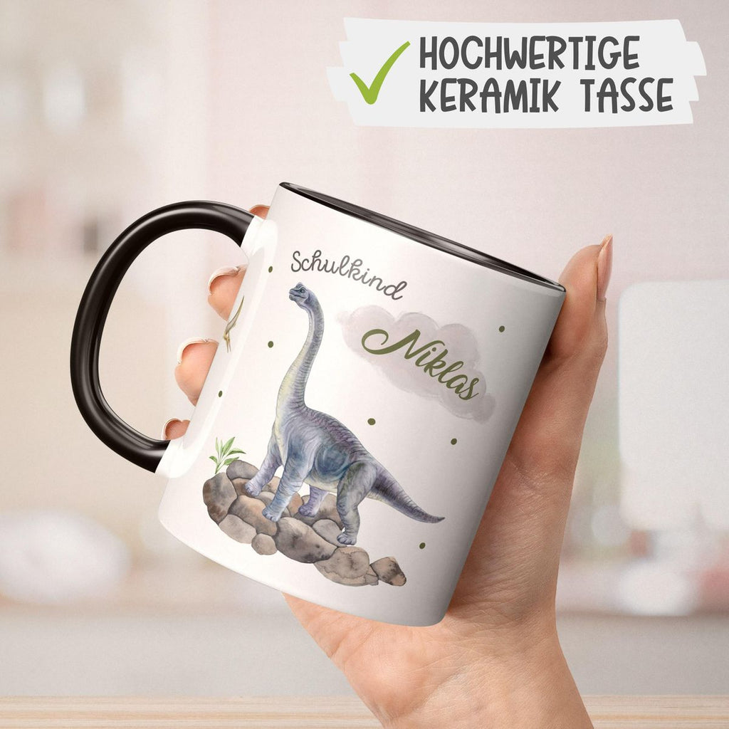 Keramik Tasse Schulkind Brachiosaurus grau Dinosaurier mit Wunschname - von Mikalino