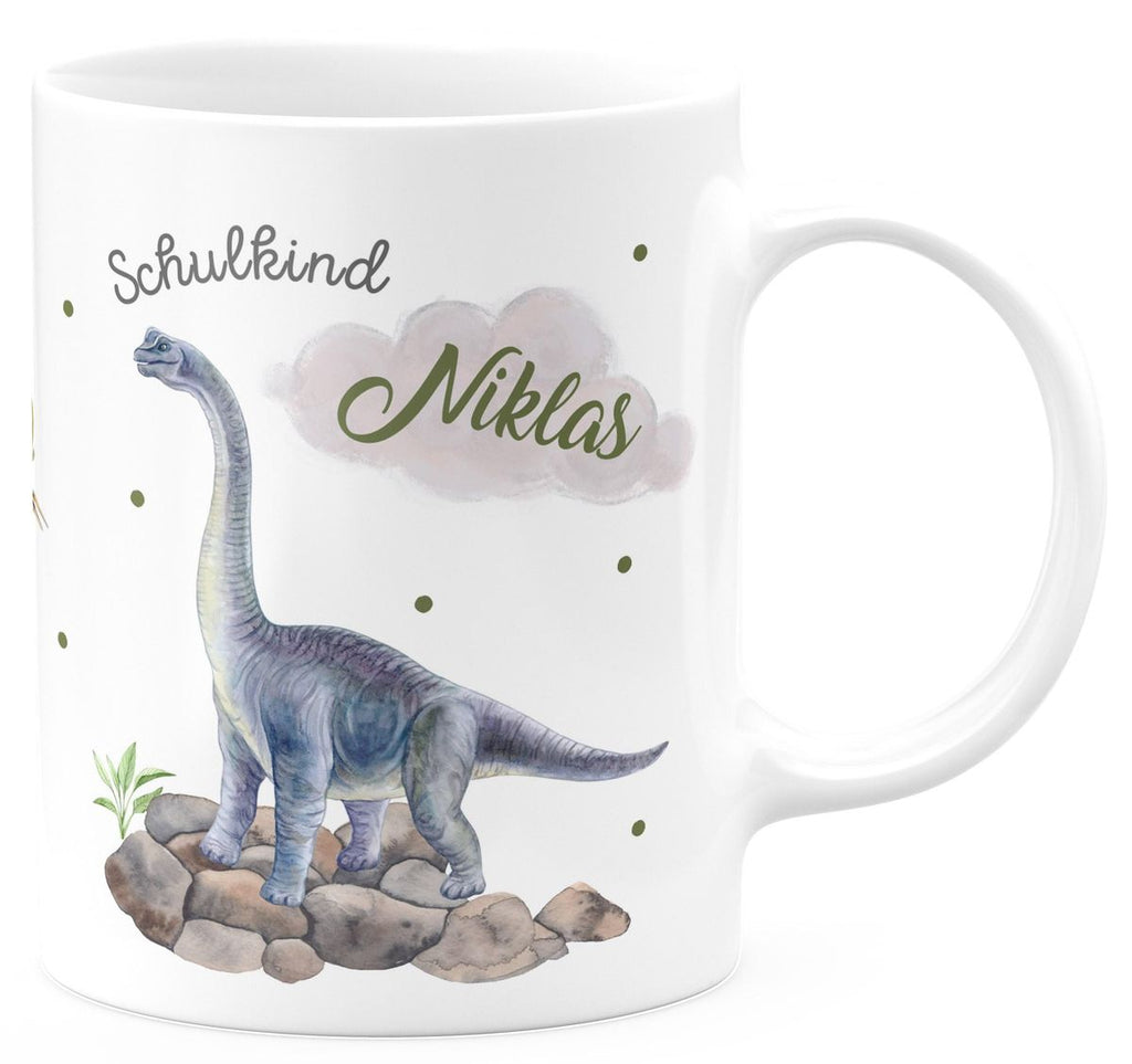 Keramik Tasse Schulkind Brachiosaurus grau Dinosaurier mit Wunschname - von Mikalino