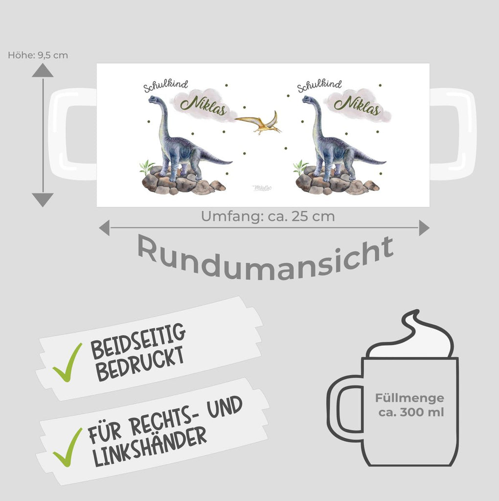 Keramik Tasse Schulkind Brachiosaurus grau Dinosaurier mit Wunschname - von Mikalino