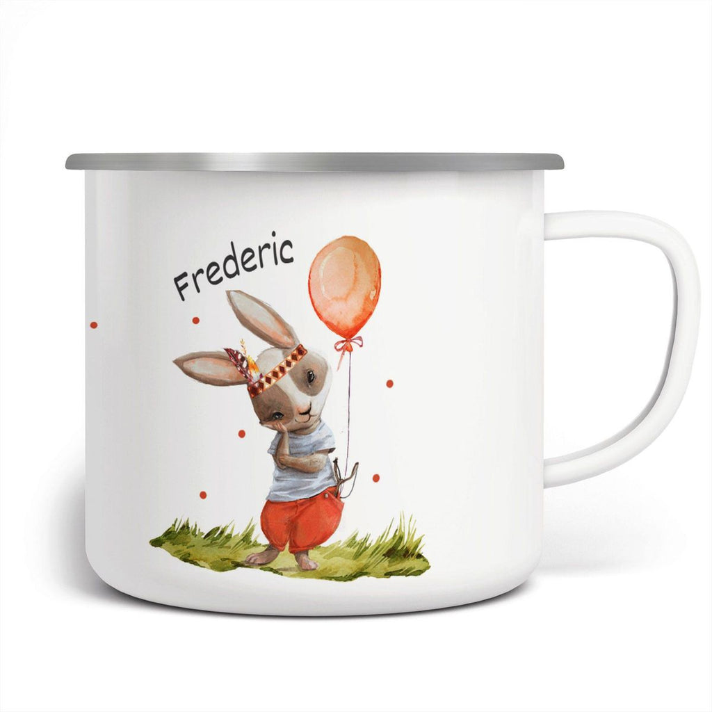 Emaille Tasse Süßer Hase Boho mit Luftballon mit Wunschname - von Mikalino