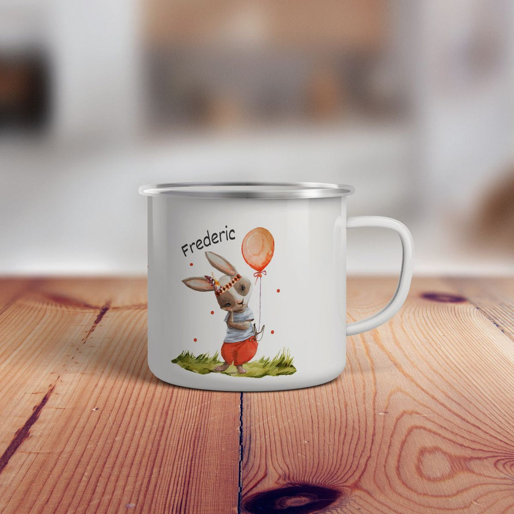 Emaille Tasse Süßer Hase Boho mit Luftballon mit Wunschname - von Mikalino