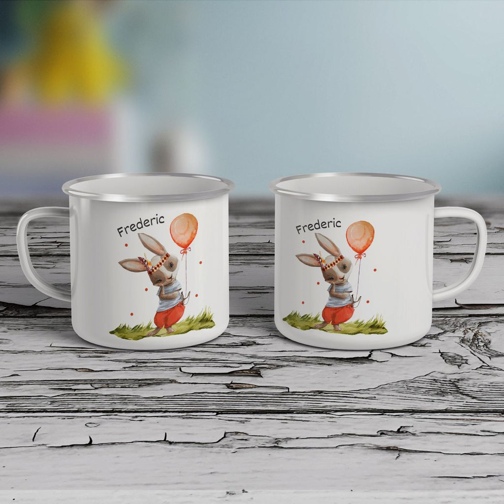 Emaille Tasse Süßer Hase Boho mit Luftballon mit Wunschname - von Mikalino