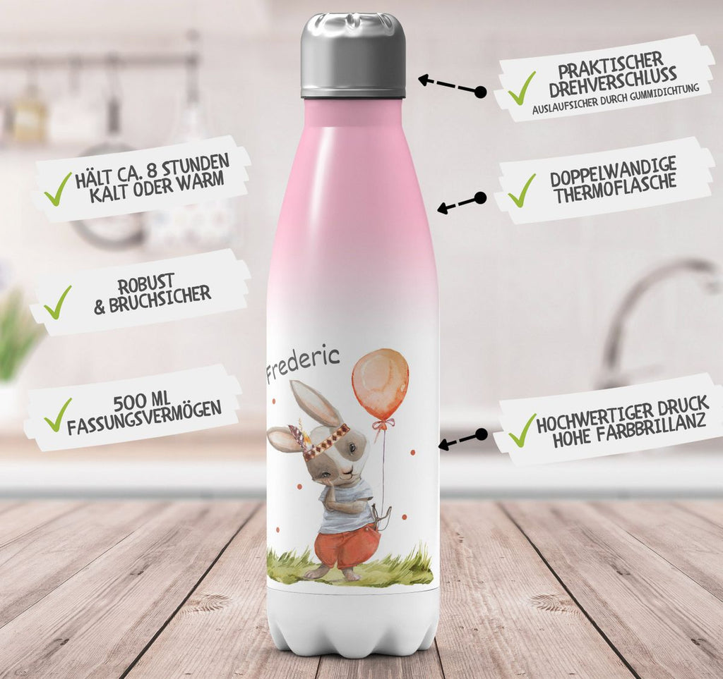 Thermo Trinkflasche Süßer Hase Boho mit Luftballon mit Wunschname - von Mikalino