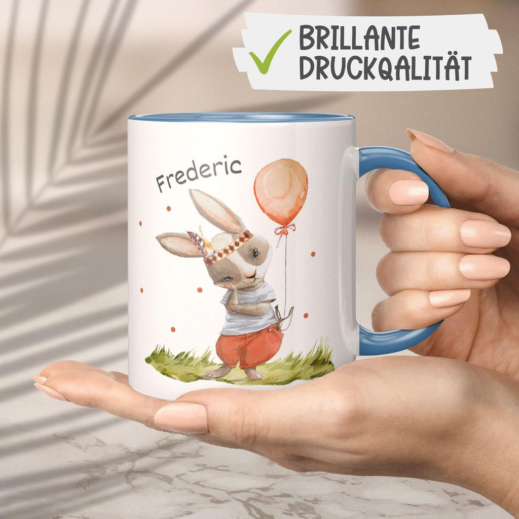 Keramik Tasse Süßer Hase Boho mit Luftballon mit Wunschname - von Mikalino