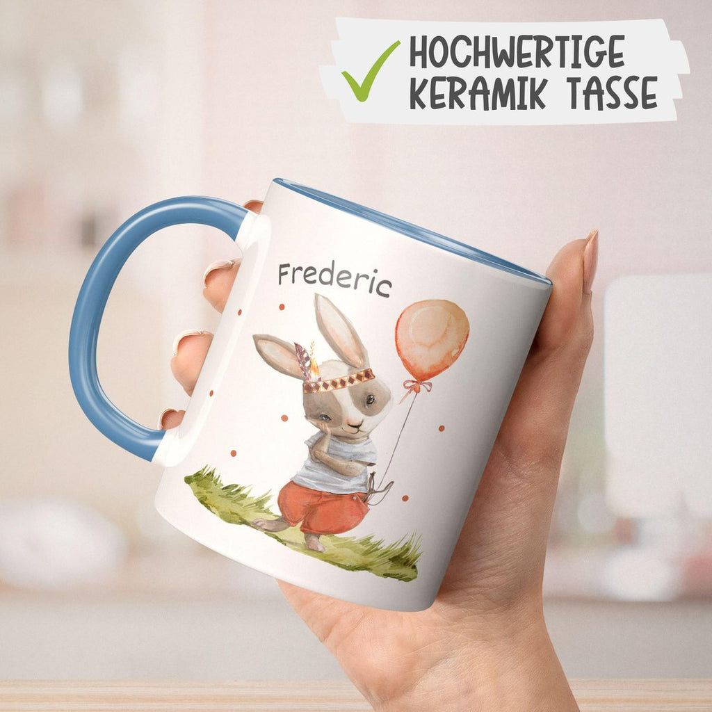 Keramik Tasse Süßer Hase Boho mit Luftballon mit Wunschname - von Mikalino