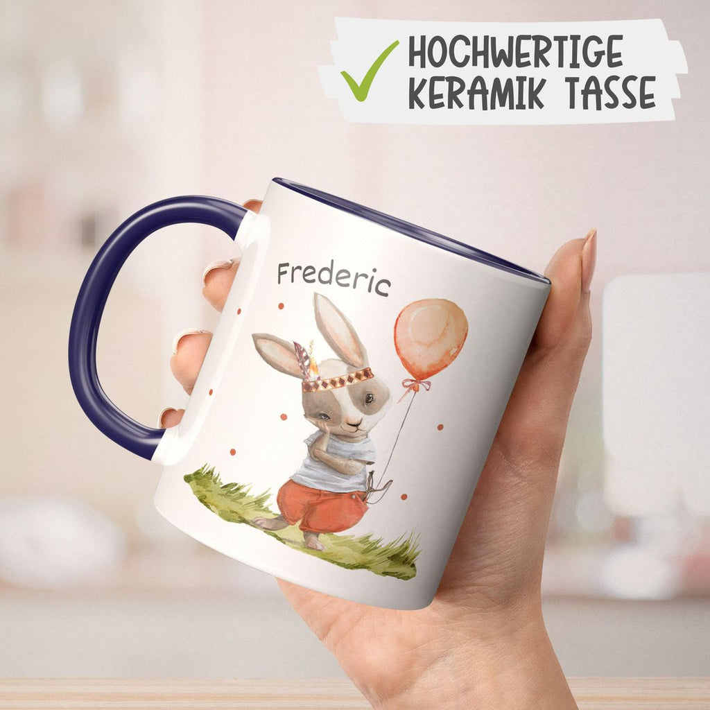 Keramik Tasse Süßer Hase Boho mit Luftballon mit Wunschname - von Mikalino